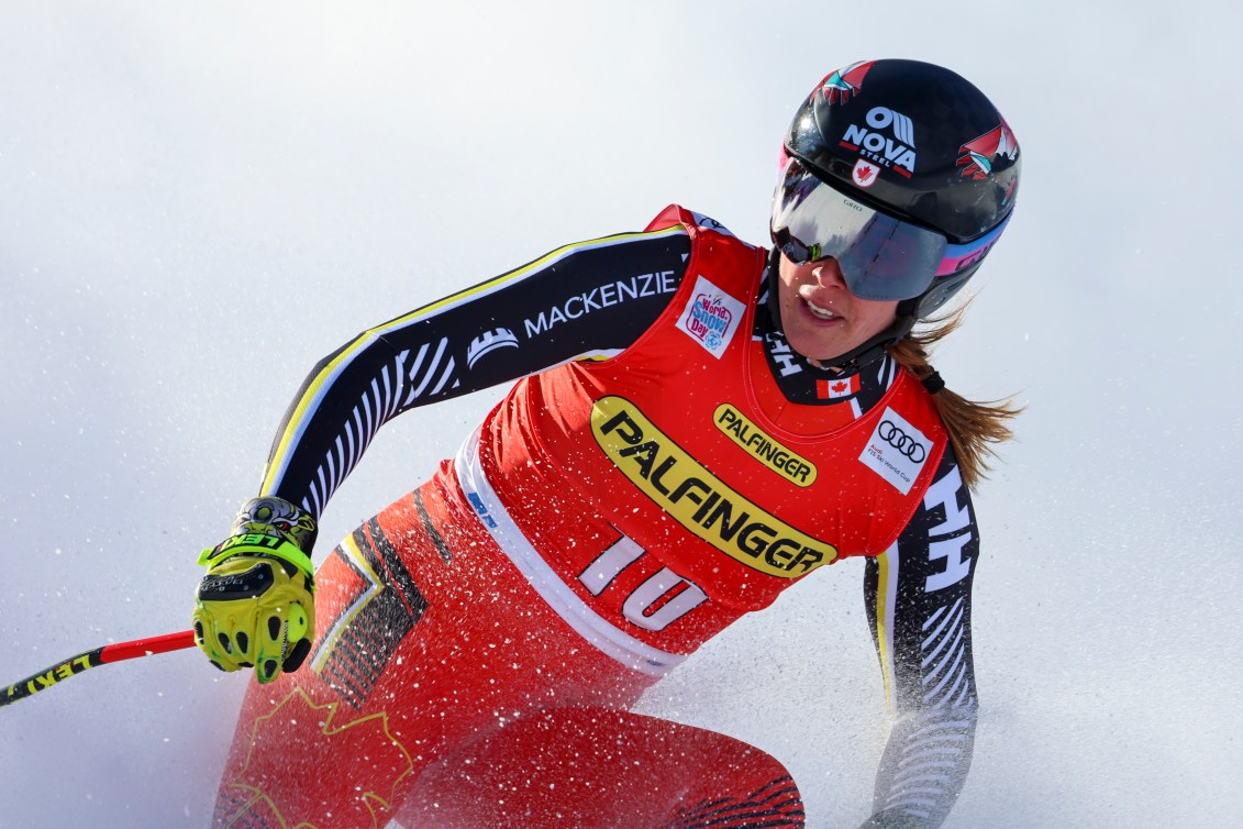 Canada's Marie Michele Gagnon crosses the finish line during an alpine ski, women's World Cup downhill race, in Zauchensee, Austria, Saturday, Jan. 15, 2022. 