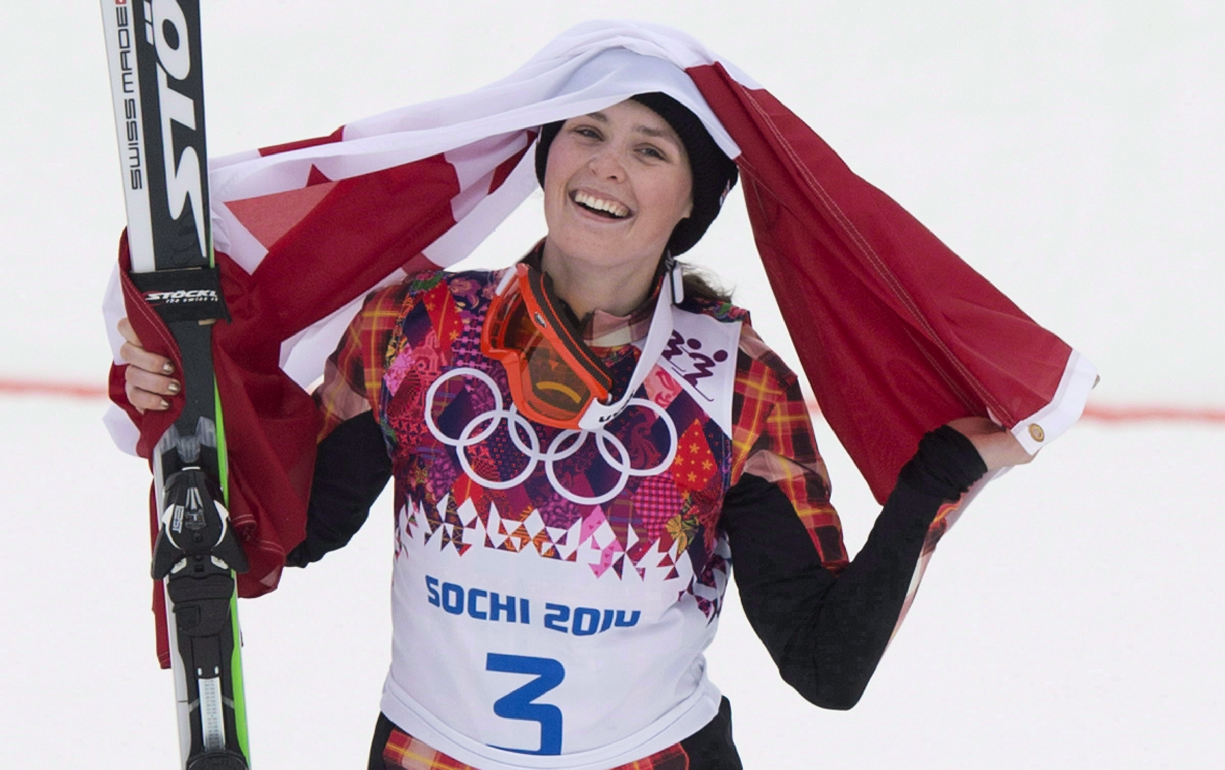 Canada's gold medallist Marielle Thompson celebrates her win following the women's ski cross final at the Sochi Winter Olympics in Krasnaya Polyana, Russia, Friday, Feb. 21, 2014. Thompson capped her dream season in style Sunday by winning her second career Crystal Globe.Thompson, who won Olympic gold last month at the Sochi Games, edged Fanny Smith of Switzerland to win the final World Cup of the season Sunday and the overall title.