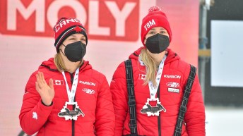 Christine de Bruin and Kristen Bujnowski win bronze at the BMW IBSF World Cup Women's Bobsleigh in Sigulda 2021/2022 on January 2, 2022. (Photo by: IBSF International Bobsleigh & Skeleton Federation).