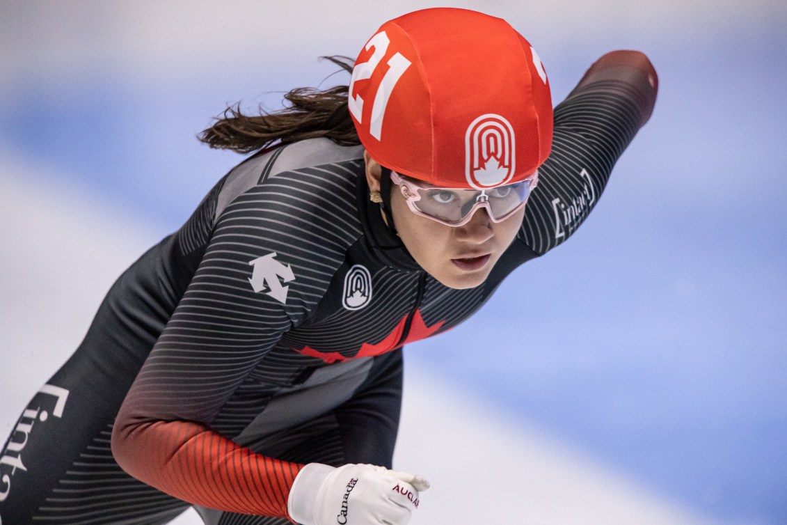 Courtney Sarault of Canada is locked in during the Ladies 3000m superfinal during the ISU World Short Track Speed Skating Championships on March 07, 2021 in Dordrecht, Netherlands.