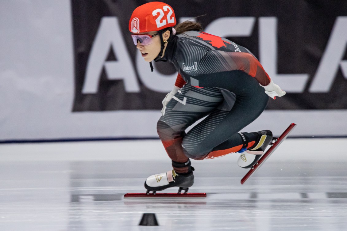 Florence Brunelle of Canada looks a head while she competes during a race.