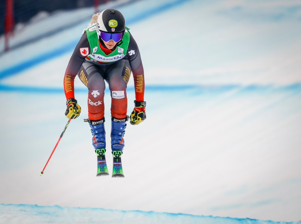 Canada's Hannah Schmidt skis over a jump during the women's semi-final at the World Cup ski cross event at Nakiska Ski Resort in Kananaskis, Alta., Friday, Jan. 14, 2022.