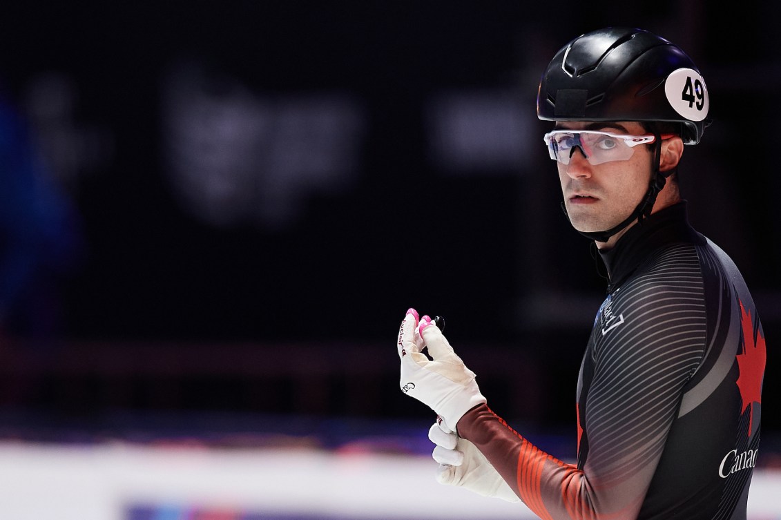 Maxime Laoun of Canada looks on before the Men's 1500m semifinal during the ISU World Short Track Speed Skating Championships on March 06, 2021 in Dordrecht, Netherlands.