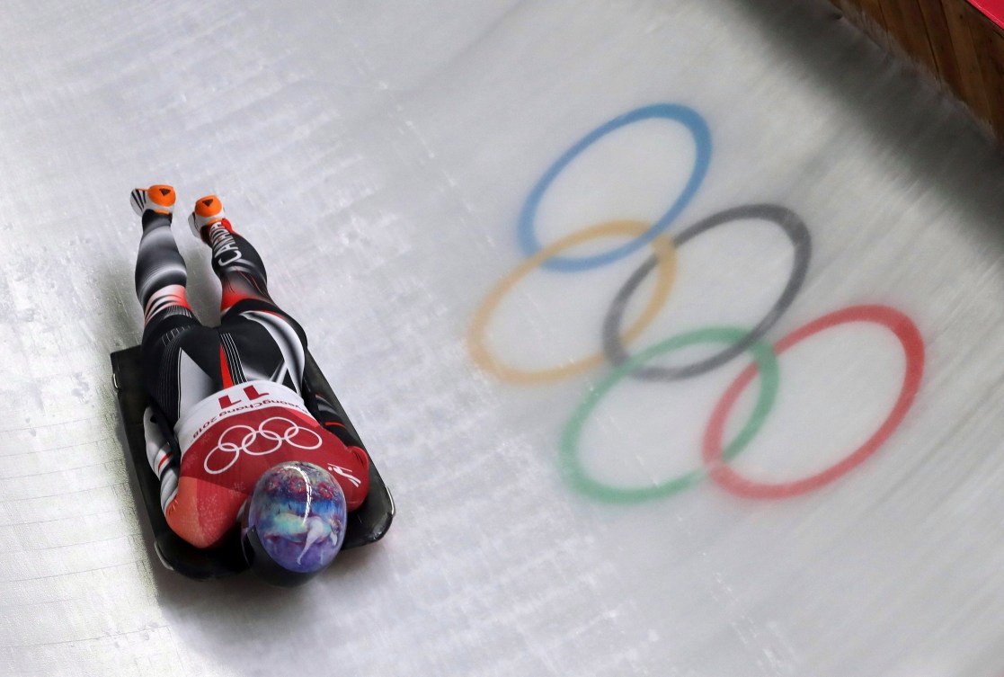 Mirela Rahneva of Canada takes a curve on her third run during the women's skeleton competition at the 2018 Winter Olympics in Pyeongchang, South Korea, Saturday, Feb. 17, 2018.