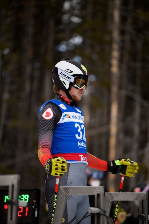 Canada's Jared Schmidt looks down at the track before a race.