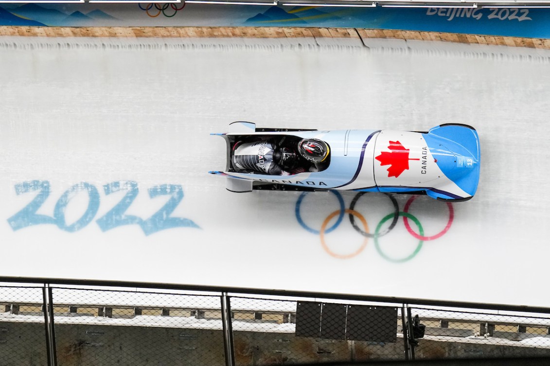 Team Canada’s Cynthia Appiah and Dawn Richardson Wilson compete in the 2-woman bobsleigh heat 3