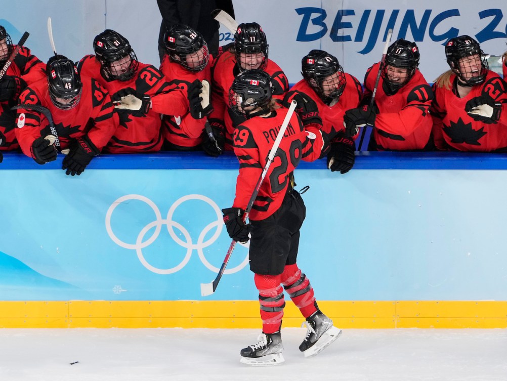 Canada's Marie-Philip Poulin celebrates her first period goal