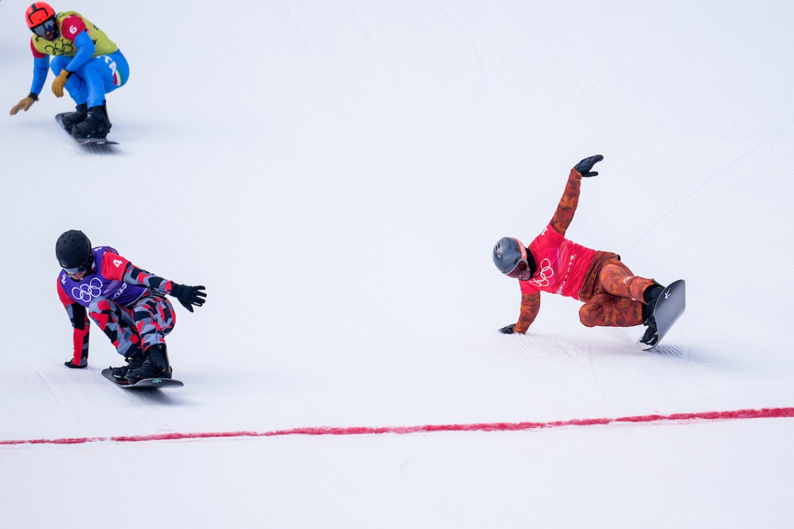 Team Canada snowboarder Eliot Grondin competes in the men’s snowboard cross event during Beijing 2022