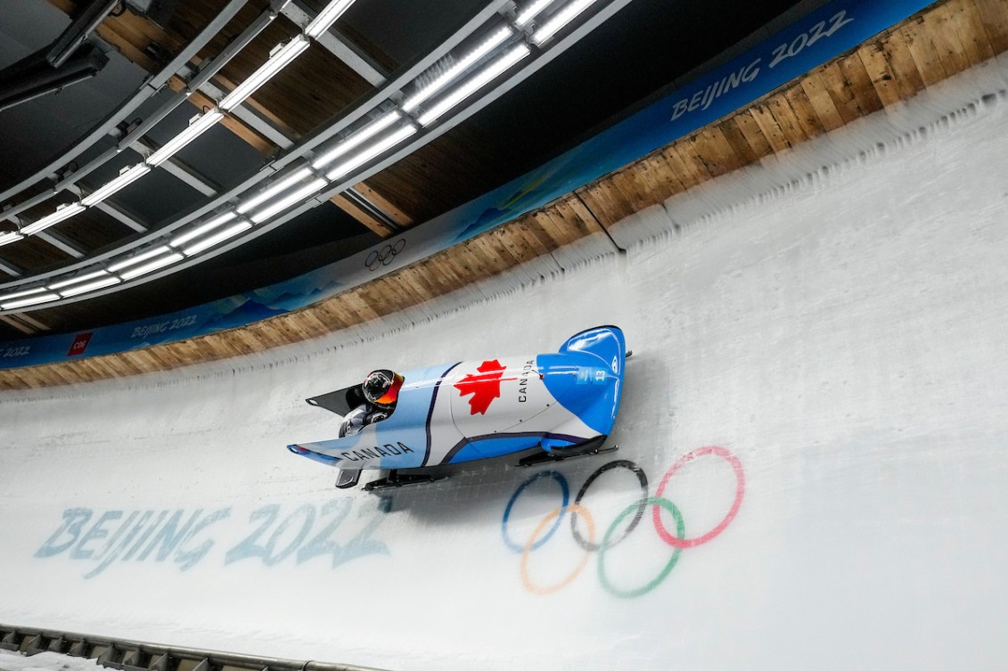 Team Canada’s Cynthia Appiah and Dawn Richardson Wilson compete in the 2-woman bobsleigh event during the Beijing 2022 Olympic Winter Games on Friday, February 18, 2022. Photo by Leah Hennel/COC