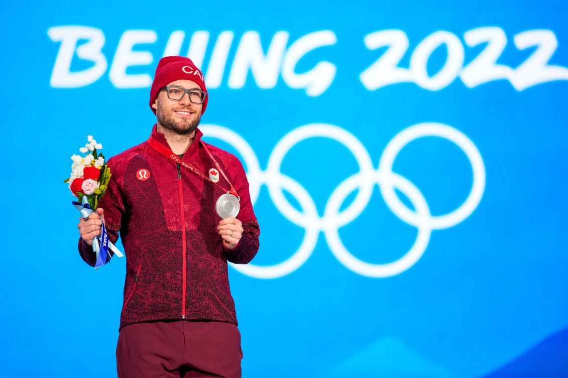 Laurent Dubreuil wears his silver medal on the podium