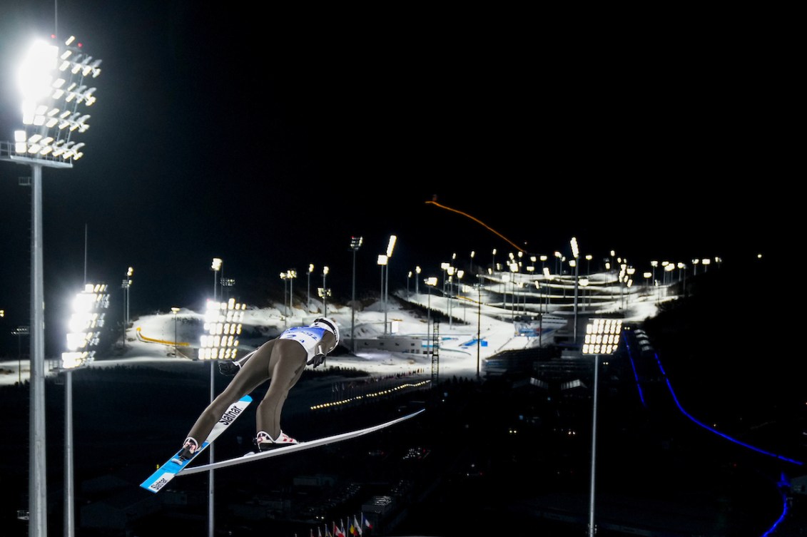 Team Canada ski jumper Mackenzie Boyd-Clowes competes in the mixed team event during the Beijing 2022 Olympic Winter Games on Monday, February 07, 2022. Photo by Mark Blinch/COC *MANDATORY CREDIT*