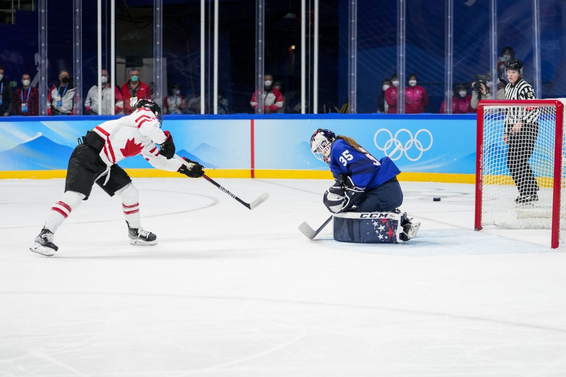 Marie-Philip Poulin scores on a penalty shot