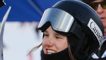 Team Canada skier smiles after her World Cup run