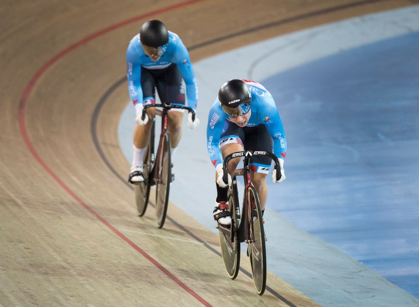 Lauriane Genest, front, and Kelsey Mitchell compete in the women's team sprint to qualify for the gold medal race during Tissot UCI Track Cycling World Cup in Milton, Ont., on Friday, January 24, 2020.