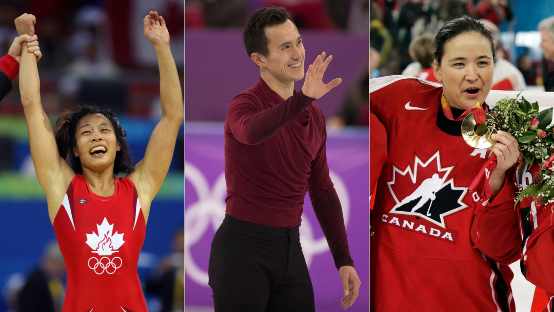 Three Asian Canadian athletes: Carol Huynh, Patrick Chan, Vicky Sunohara are featured in a split screen image
