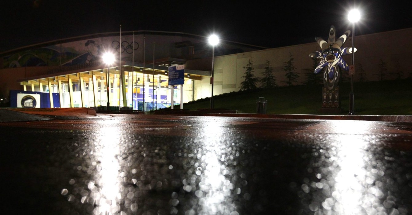 Night exterior shot of UBC Thunderbird Arena