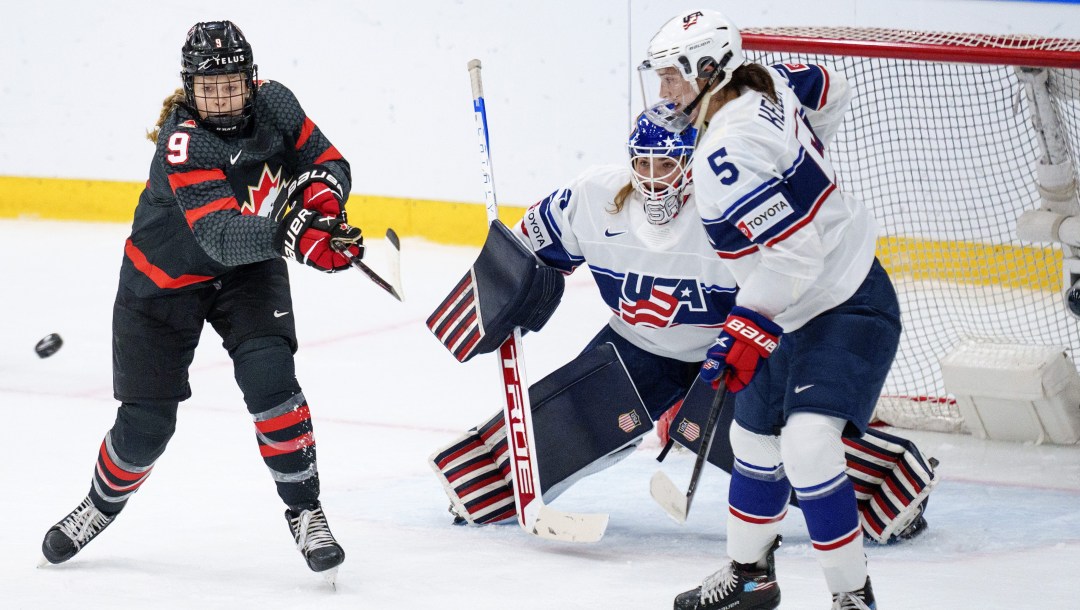 Jessie Eldridge of Canada in action against the United States at IIHF World Women's Championship