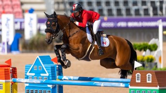 Tiffany Foster and her horse Figor leap over a rail obtsacle