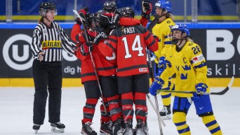 Jocelyne Larocque celebrates a goal at the 2022 IIHF Women's Hockey World Championship