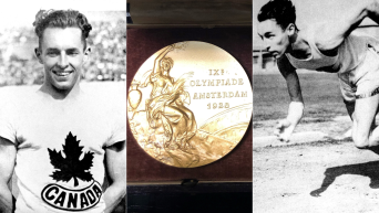 Split screen image of Percy WIlliams in 1928 and his Olympic gold medal