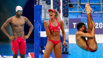 Three way split screen of Joshua Liendo standing on the pool deck, Brandie Wilkerson pumping her fist and Cedric Fofana in a pike position dive