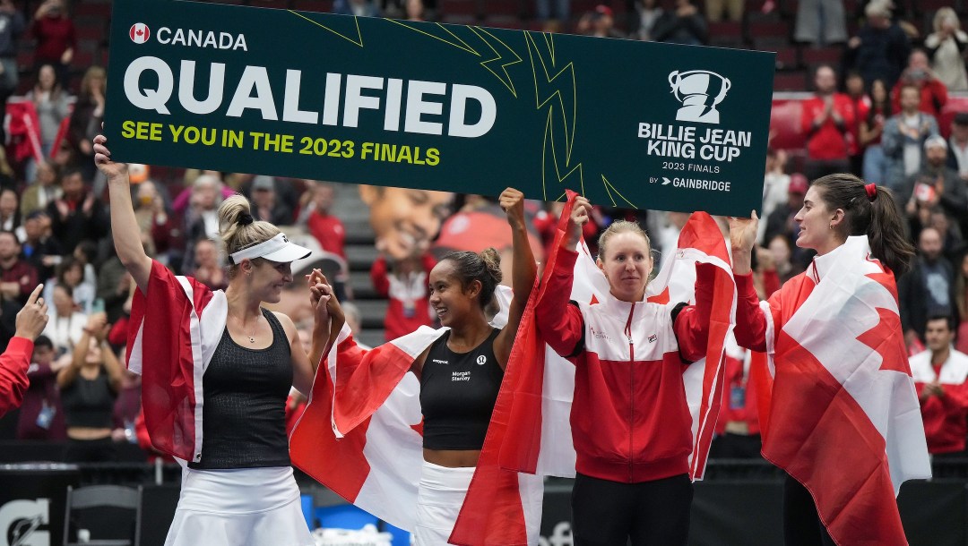 Canada's Gabriela Dabrowski, from left to right, Leylah Fernandez, Katherine Sebov and Rebecca Marino celebrate after Dabrowski and Fernandez defeated Belgium's Kirsten Flipkens and Greet Minnen during a Billie Jean King Cup qualifiers doubles match, in Vancouver, on Saturday, April 15, 2023. Canada won three of the five matches to win the qualifying tie and advance to the 2023 Billie Jean King Cup finals. THE CANADIAN PRESS/Darryl Dyck