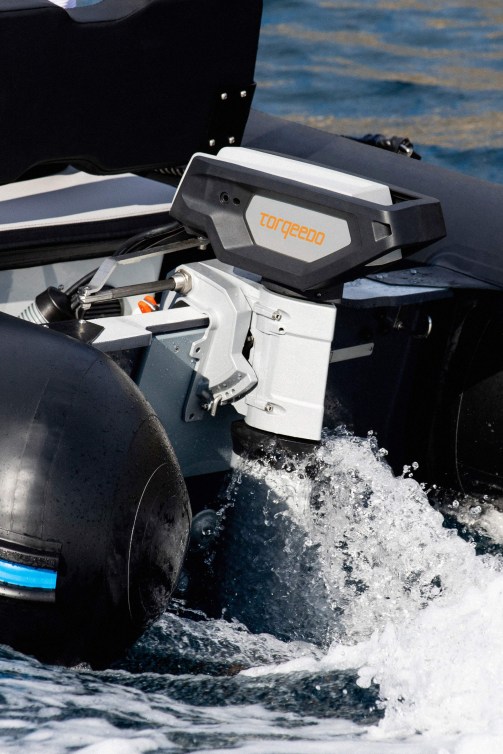 Close up of an electric outboard motor