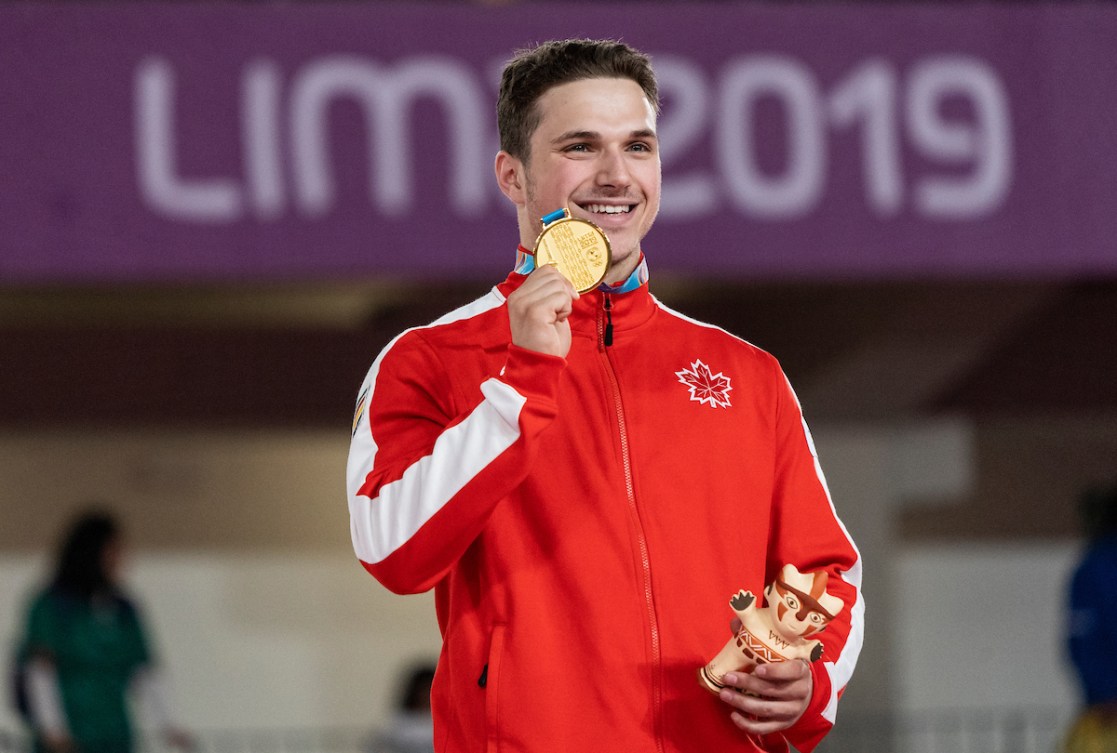 Jérémy Chartier of Canada wins gold in men's trampoline gymnastics at the Lima 2019 Pan American Games in Lima, Peru