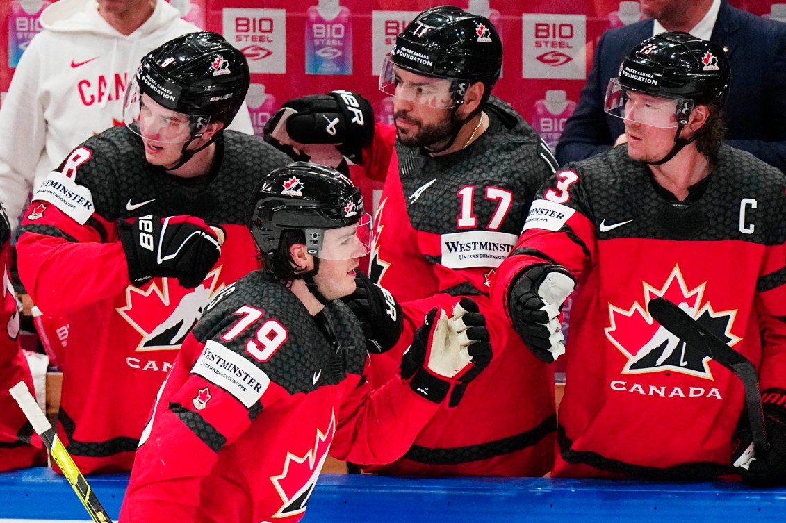 Team Canada's Sammy Blais celebrates a goal against Finland at the 2023 IIHF World Championship.