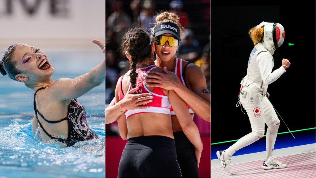 Split screen image of Audrey Lamothe competing in solo artistic swimming, beach volleyball players Melissa Humana-Paredes and Brandie Wilkerson hugging each other, and Eleanor Harvey reacting with a fist pump to a fencing win