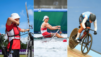 Split screen image of an archer shooting towards a target, a single male sculler in his rowing boat, and a track cyclist on a velodrome