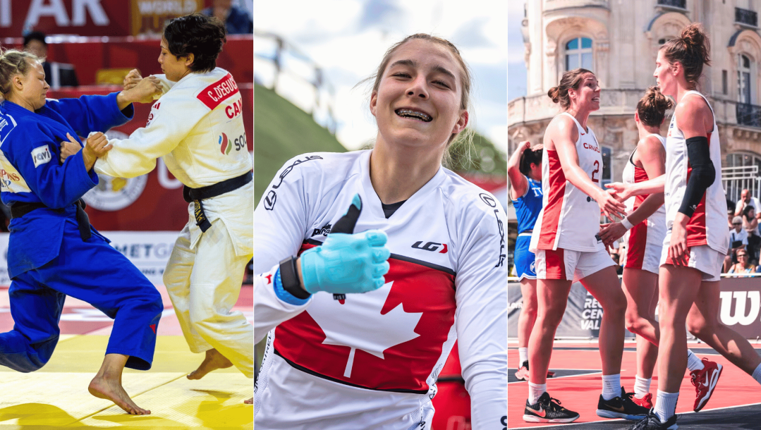 Split screen image of two judokas tusseling in a bout, BMX racer Molly Simpson giving a thumbs up, and 3x3 basketball players shaking hands