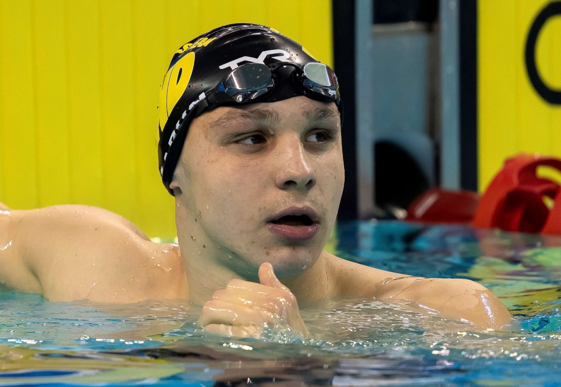 Ilya Kharun looks up at his time after racing at the Canadian Trials