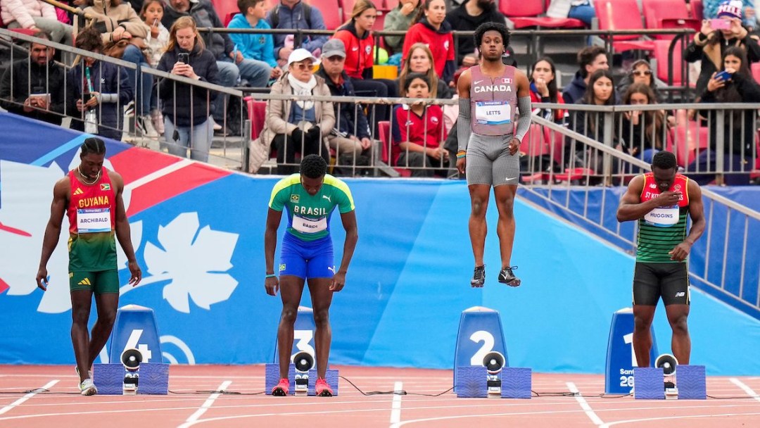 Branon Letts jumps on the start line, appearing as though he is levitating.