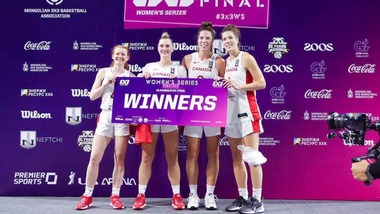 Pictured is Michelle Plouffe, Katherine Plouffe, Paige Crozon and Kacie Bosch after winning the FIBA 3X3 Women's Series Title on September 17, 2023.