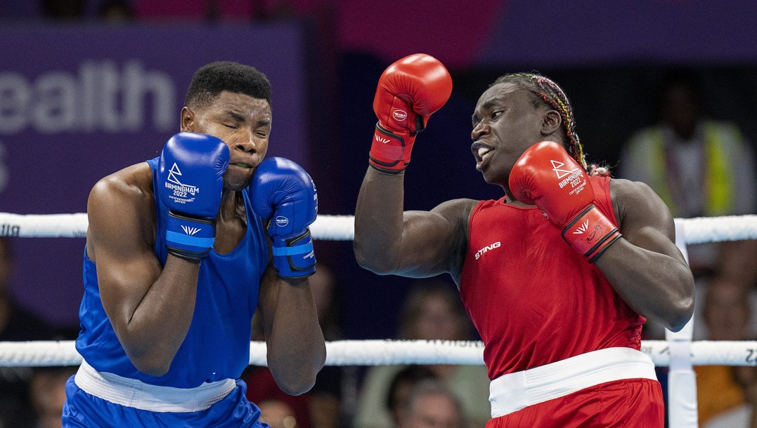 Jerome Feujio competes in a boxing match