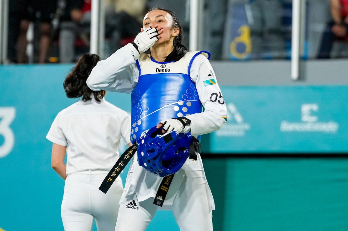 Skylar Park blows a kiss to the crowd after winning the gold medal in the Women's Kyorugi 57kg during the Santiago 2023 Pan American Games