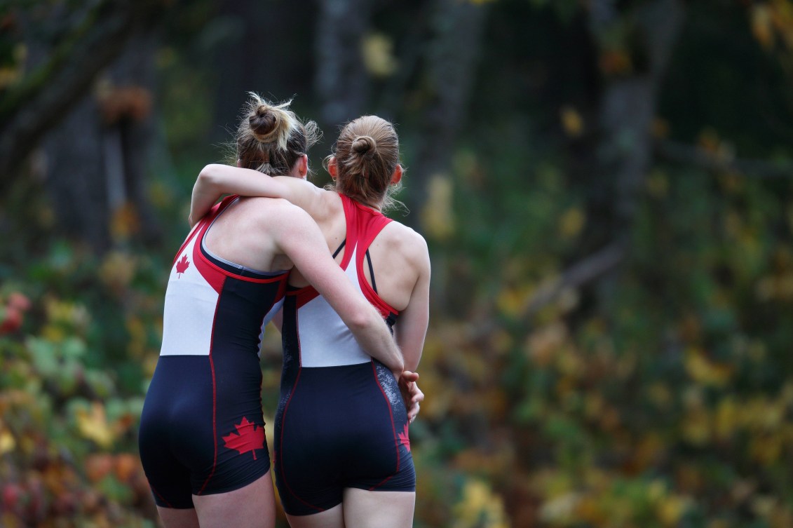 Jill Moffatt and teammate Jenny Casson embrace.