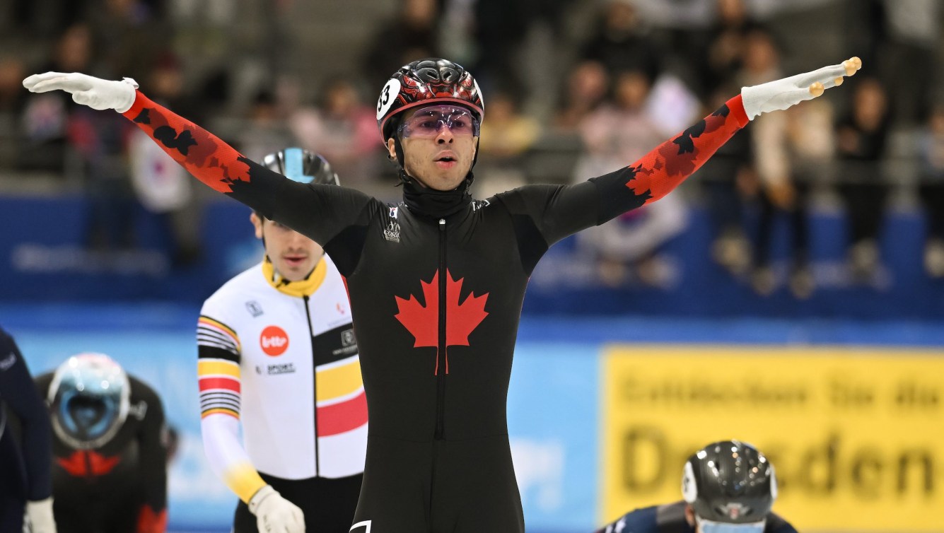 DRESDEN, GERMANY - FEBRUARY 10: William Dandjinou of Canada reacts after winning Men`s 1500m Final A race during the ISU World Cup Short Track at Joynextarena on February 10, 2024 in Dresden, Germany. (Photo by Christian Kaspar-Bartke - International Skating Union/International Skating Union via Getty Images)