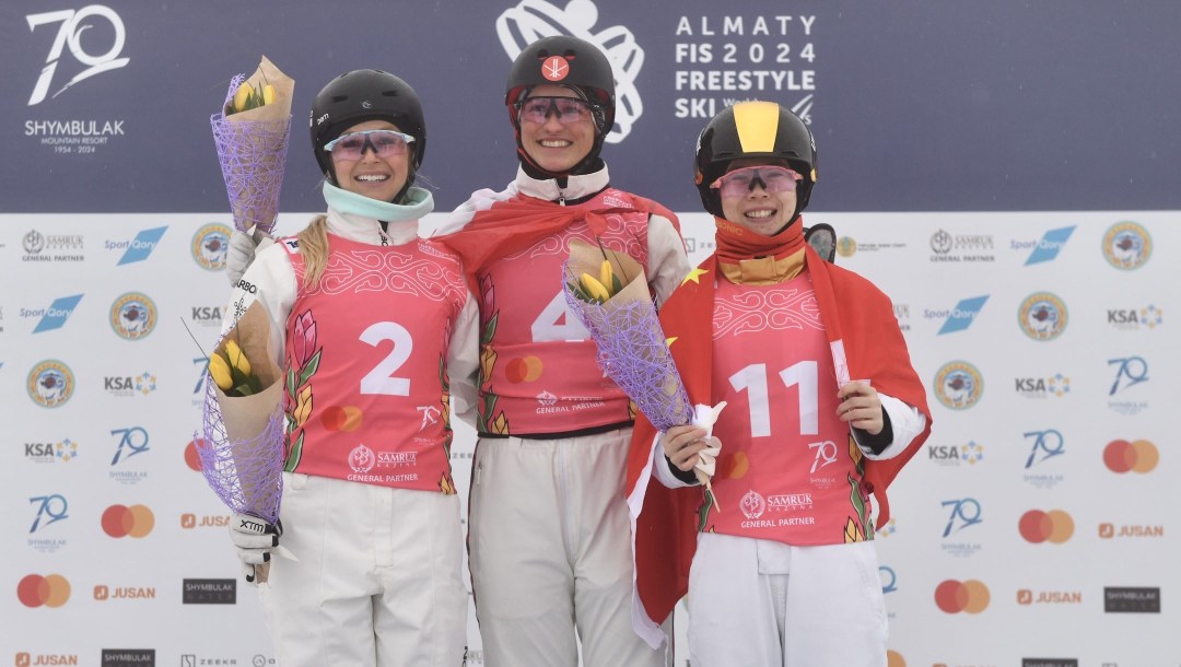 Marion Thenault wins the FIS World Cup aerials finale for the 2023-24 season in Almaty, Kazakhstan (Andrey Kulagin)