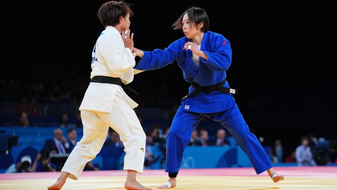 Team Canada’s Kelly Deguchi, right, competes in Women's Judo-52 kg Elimination Round of 32 against Japan's Uta Abe during the 2024 Paris Olympic Games in France