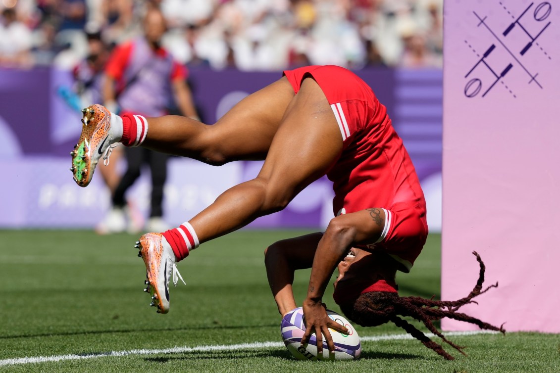 Charity Williams dives to score a try against China on Day 3.