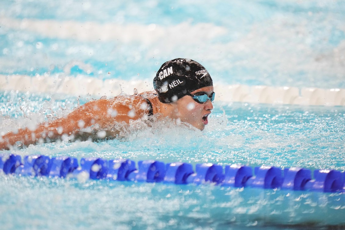 Team Canada’s Maggie Mac Neil swims in women's 100m butterfly semifinal during the 2024 Paris Olympics Games.