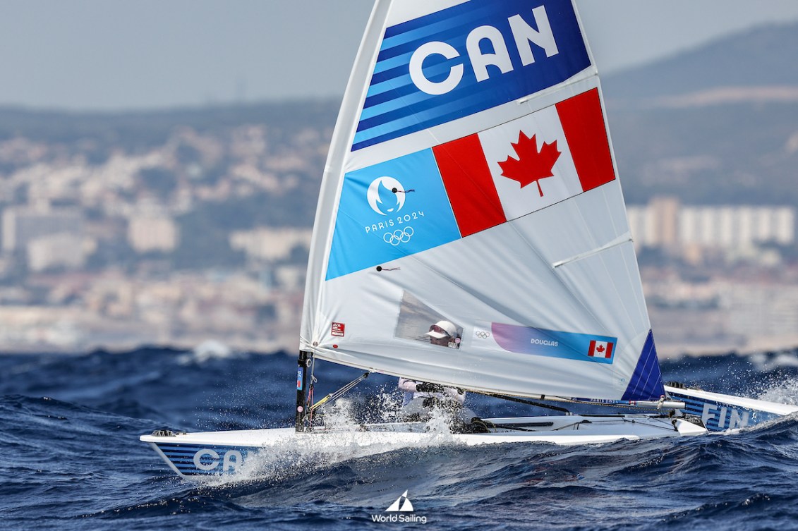 Sarah Douglas is hidden behind her sail, which features the Canadian flag