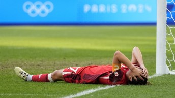 Jessie Fleming reacts to a missed scoring chance against Germany.