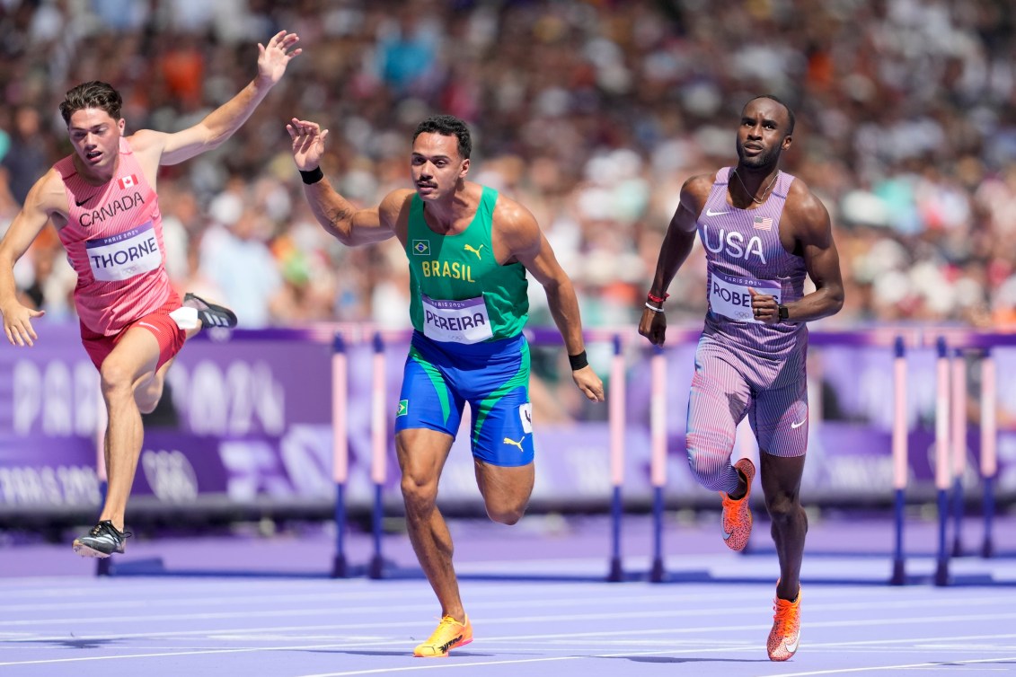 Craig Thorne competes in the men's 110m hurdles on Sunday.