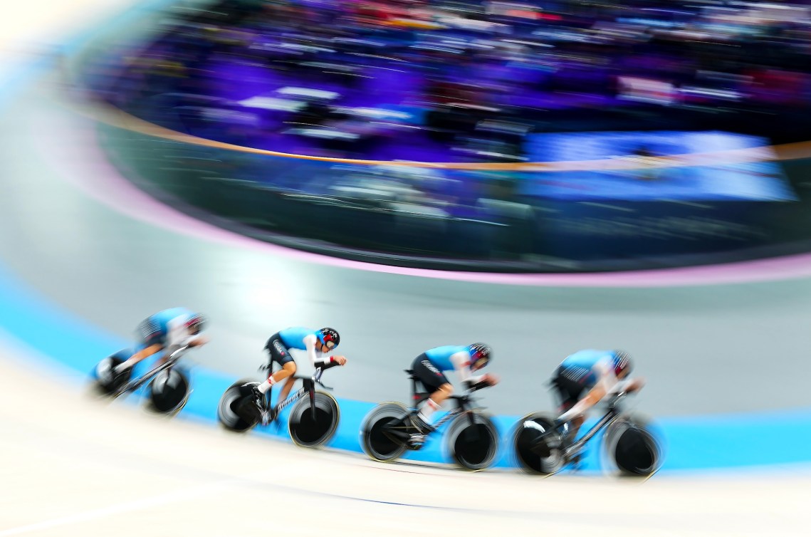 The Canadians compete in the men's team pursuit event on Wednesday.