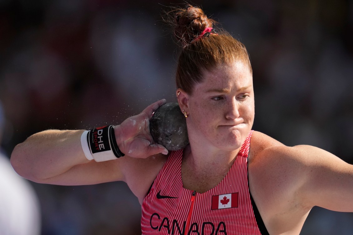 Sarah Mitton competes in the shot put qualification round on Thursday.