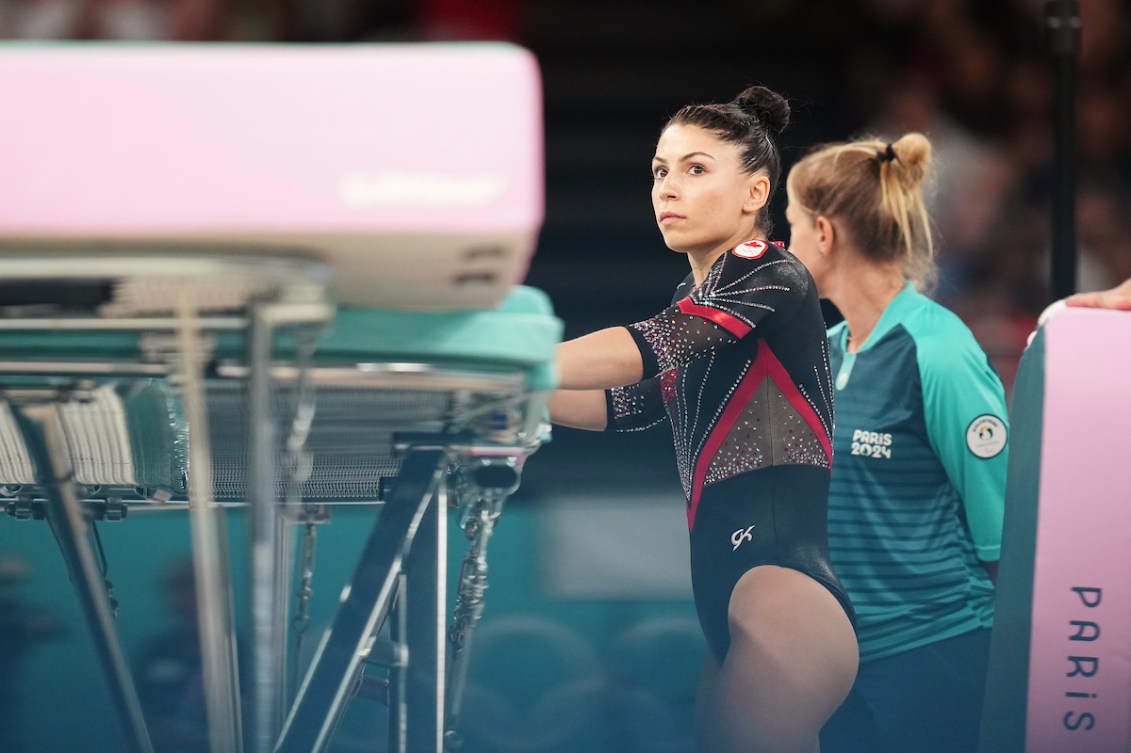 Sophiane Methot prepares to get on the trampoline