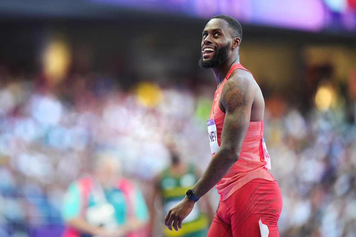 Brendon Rodney reacts after running in the 200m heats on Sunday.